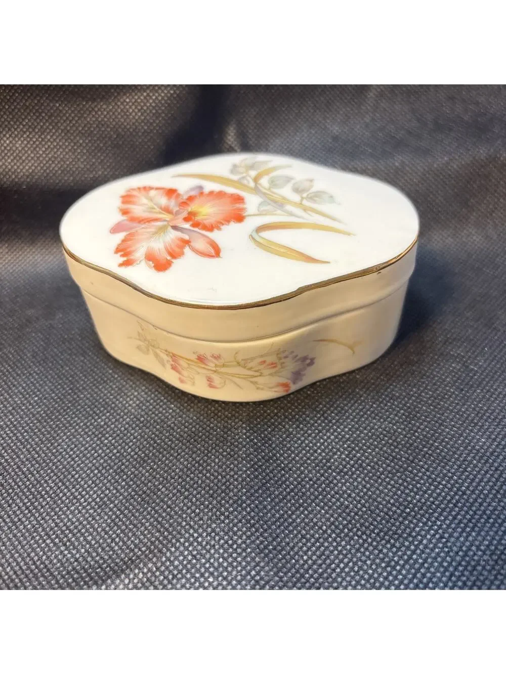 Vintage Japan Porcelain Jewelry Trinket Box Gold Trim Orange Floral Design 4X3